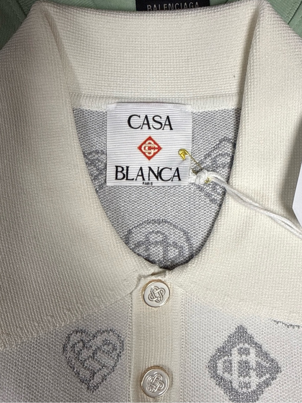 Casa Blanca Cream Polo Knit Top with Gray Logo Motif